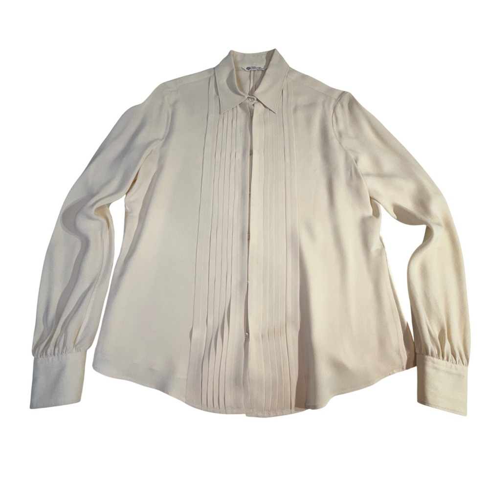 Loro Piana Silk Blouse Size 14 (50) Cream Pleated Tuxedo Front Made Italy